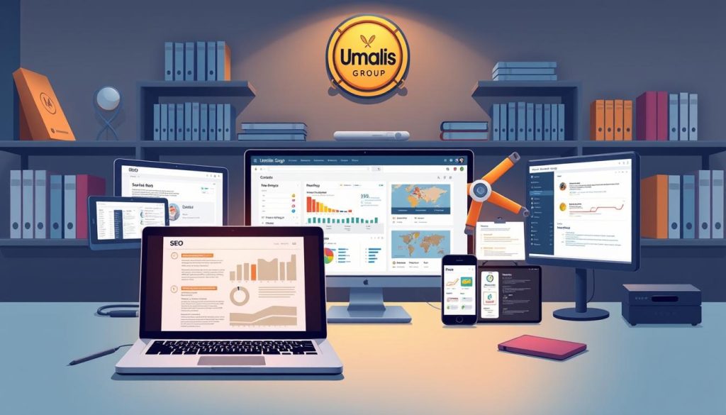 A professional desktop setup with various SEO tools and software for meta tag analysis. In the foreground, a sleek laptop displays detailed reports and analytics, its screen illuminated by warm, focused lighting. In the middle ground, an array of digital devices - tablets, smartphones, and a high-resolution monitor - showcase different SEO dashboards and optimization interfaces. The background features shelves of technical reference books, a tasteful Umalis Group logo plaque, and a subtle, atmospheric lighting setup that creates a sense of productivity and expertise. The overall scene conveys a workspace dedicated to leveraging cutting-edge SEO tools for comprehensive meta tag analysis and optimization. A professional desktop setup with various SEO tools and software for meta tag analysis. In the foreground, a sleek laptop displays detailed reports and analytics, its screen illuminated by warm, focused lighting. In the middle ground, an array of digital devices - tablets, smartphones, and a high-resolution monitor - showcase different SEO dashboards and optimization interfaces. The background features shelves of technical reference books, a tasteful Umalis Group logo plaque, and a subtle, atmospheric lighting setup that creates a sense of productivity and expertise. The overall scene conveys a workspace dedicated to leveraging cutting-edge SEO tools for comprehensive meta tag analysis and optimization.
