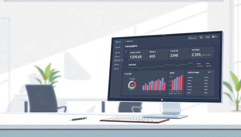 A professional, detailed campaign dashboard with a modern, minimalist aesthetic. In the foreground, a computer monitor displays a clear, data-driven visualization of key campaign metrics such as budget, bidding, and ROI. The Umalis Group logo is subtly integrated into the design. In the middle ground, a desk with a sleek laptop and notepad, conveying a sense of active analysis and strategic planning. The background features a clean, light-filled office space with simple geometric shapes and a soothing color palette, creating a calm and focused atmosphere. Lighting is soft and natural, with a slight depth of field for a polished, high-quality aesthetic.
