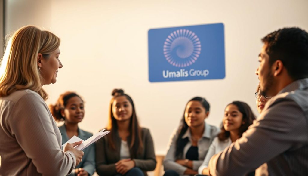 A professional development training session set against a backdrop of the Umalis Group brand, showcasing a group of diverse individuals engaged in interactive discussion and collaborative learning. The scene is illuminated by warm, natural lighting, creating a serene and focused atmosphere. In the foreground, a leader facilitates the session, guiding the participants through the curriculum. The middle ground features the attentive learners, their expressions reflecting a sense of engagement and growth. The background subtly incorporates the Umalis Group logo, reinforcing the company's commitment to empowering its employees through continuous professional development.