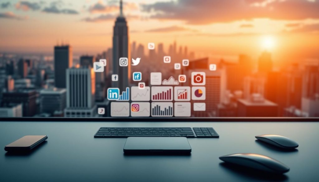 A professional digital marketing strategy unfolds on a sleek, modern desktop. In the foreground, a Umalis Group logo stands out, hinting at the expertise behind the scene. Across the middle, social media icons - Twitter, LinkedIn, Instagram - float amidst a grid of analytical charts and graphs, conveying the data-driven approach. In the background, a warm-toned cityscape provides an urban, business-savvy atmosphere, while soft lighting casts a productive glow over the entire composition. The overall mood is one of strategic focus, technological prowess, and a dedication to helping professionals elevate their online presence.