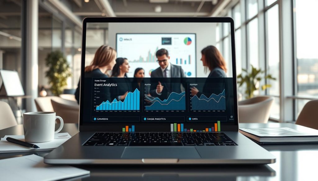 A professional digital workspace depicting the concept of "event tracking and conversions" in Google Analytics. In the foreground, a sleek laptop displaying colorful graphs and analytics data, surrounded by notepads and a coffee cup, all suggesting productivity. In the middle, a diverse group of professionals in business attire, intently discussing strategies with charts and metrics on a large screen behind them. The background features a modern office with large windows allowing natural light to stream in, creating a bright and inviting atmosphere. The room is well-organized, conveying a sense of focus and innovation. Subtle branding of "UMALIS GROUP" is visible on the laptop screen. The overall mood is collaborative and forward-thinking, emphasizing the importance of tracking key events and conversions in business.