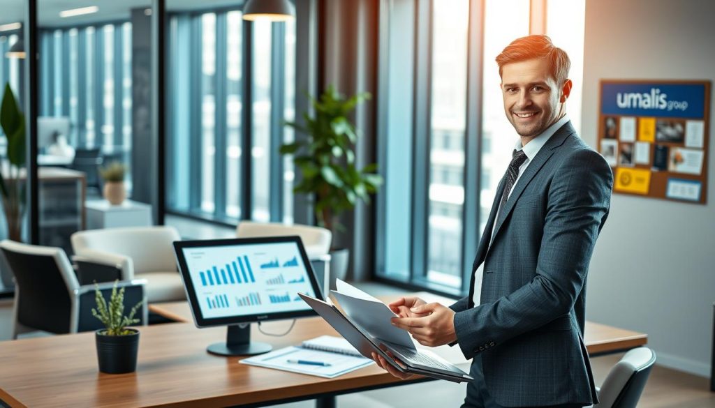 A professional digital workspace illustrating the advantages of social security in digital portage salarial, featuring a sleek, modern office setting. In the foreground, a confident young professional with a laptop, dressed in smart casual attire, reviewing documents. The middle ground includes stylish office furniture, a digital tablet displaying graphs and data, and a small potted plant for a touch of greenery. The background features large windows with natural light streaming in, suggesting a bright and inviting atmosphere. Incorporate subtle branding elements of "Umalis Group" on a nearby bulletin board. The image should evoke a sense of professionalism, innovation, and the benefits of digital work arrangements, with a warm and optimistic mood. A professional digital workspace illustrating the advantages of social security in digital portage salarial, featuring a sleek, modern office setting. In the foreground, a confident young professional with a laptop, dressed in smart casual attire, reviewing documents. The middle ground includes stylish office furniture, a digital tablet displaying graphs and data, and a small potted plant for a touch of greenery. The background features large windows with natural light streaming in, suggesting a bright and inviting atmosphere. Incorporate subtle branding elements of "Umalis Group" on a nearby bulletin board. The image should evoke a sense of professionalism, innovation, and the benefits of digital work arrangements, with a warm and optimistic mood.