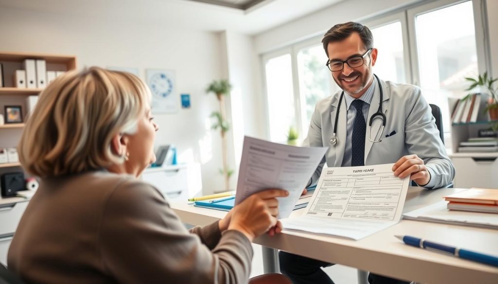 A professional doctor's office, with a doctor's desk, medical supplies, and a patient filling out a formal "arrêt maladie" or sick leave form. The room is well-lit, with natural light streaming in through large windows. The doctor has a warm, empathetic expression as they review the paperwork. The patient appears relieved, knowing they are taking the proper steps to secure their medical leave benefits. The atmosphere conveys a sense of professionalism and care, reflecting the important process of obtaining sick leave in France's flexible employment system.