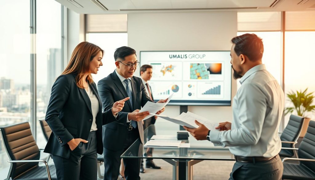 A professional, dynamic business meeting scene in a well-lit conference room, showcasing a diverse group of managers engaged in a collaborative discussion. In the foreground, two managers, a woman in a tailored navy suit and a man in a crisp white shirt, are reviewing documents and sharing ideas, signaling a sense of teamwork. In the middle ground, a large screen displays project diagrams with the brand name "UMALIS GROUP" prominently featured, while a few chairs are set around a modern glass table. The background includes large windows with a cityscape view, casting natural light into the room. The atmosphere is focused yet inspiring, highlighting expertise and security in career management. Soft, warm lighting gives an inviting feel to the setting, emphasizing professionalism and confidence.