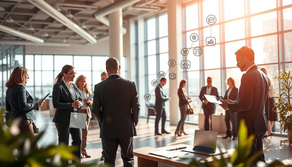 A professional, dynamic scene depicting the evolution of career specialization in portage salarial. In the foreground, a diverse group of professionals in business attire engages in a collaborative discussion, surrounded by paperwork, laptops, and charts. In the middle ground, an upward pathway symbolizes career progression, with icons representing various specializations like technology, finance, and consulting. The background features a modern office space with large windows allowing natural light to illuminate the scene, enhancing a sense of growth and opportunity. The atmosphere is optimistic and inspiring, reflecting potential and ambition, captured from a slightly elevated angle to provide depth and perspective. Bright, warm lighting adds to the professional yet inviting mood. The overall composition emphasizes collaboration and career advancement in the freelance industry.