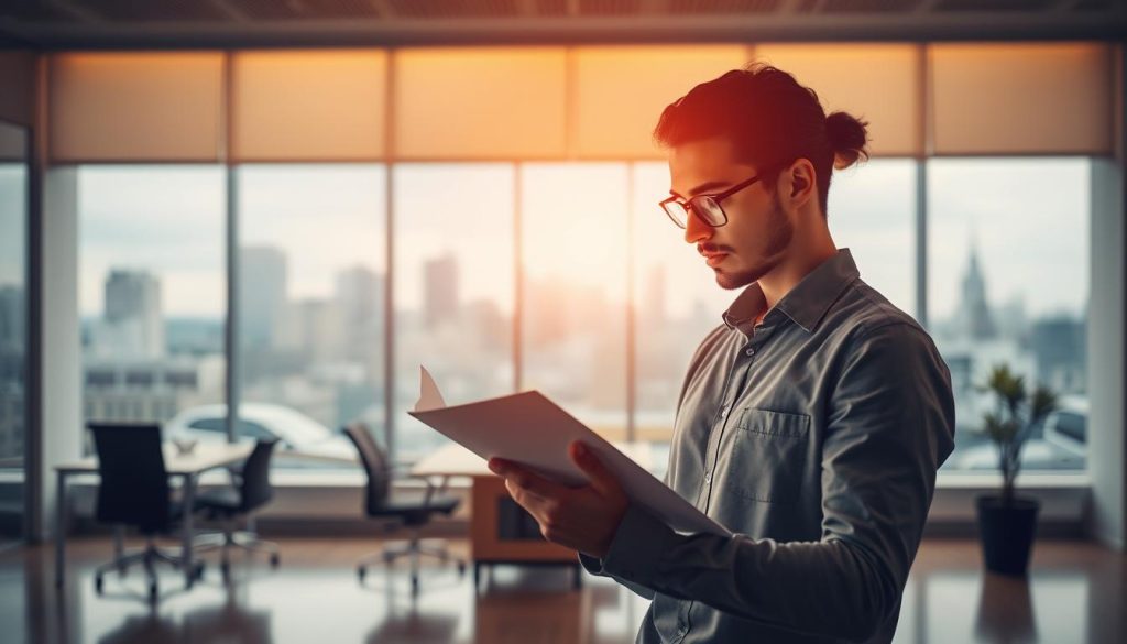 A professional employee examining the benefits of a social security coverage, set against the backdrop of a modern office space. The scene is bathed in warm, soft lighting, creating a calming and informative atmosphere. In the foreground, the employee is studying documents attentively, representing the advantages of the "portage salarial" (employee leasing) for young graduates, as outlined in the "Umalis Group" article. The middle ground features minimal office furnishings, subtly hinting at the flexibility and independence of this employment model. The background showcases a panoramic view of the city skyline, symbolizing the broader societal context and the employee's integration within the professional landscape.