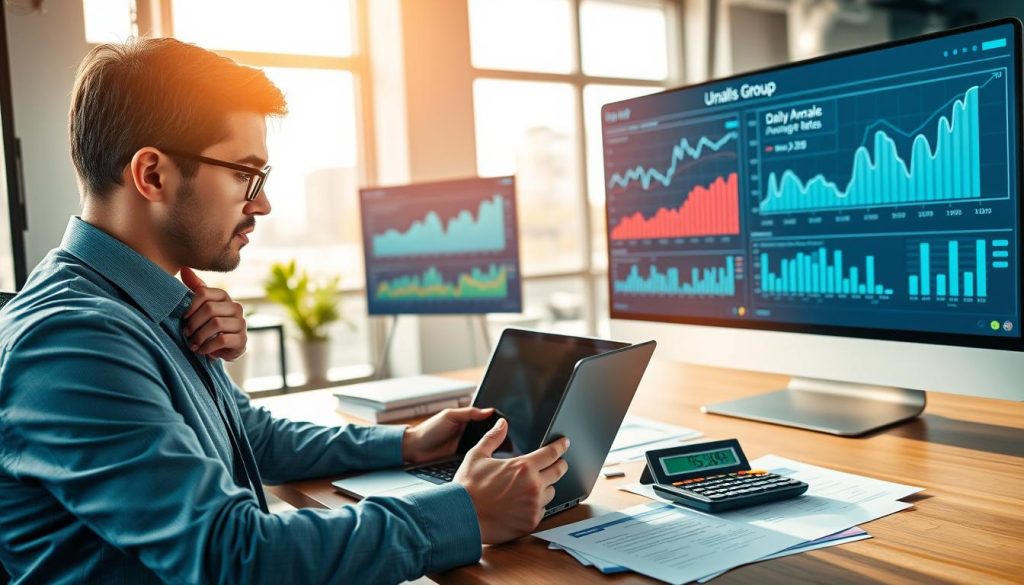 A professional engineer analyzing data in a modern office environment, with charts and graphs representing daily average rates on a digital screen. In the foreground, a thoughtful engineer in business attire is focused on a laptop, examining financial models related to pricing optimization. In the middle, a sleek desk with financial reports and a calculator, reflecting meticulous planning. The background features a contemporary office space with large windows providing warm, natural light that creates a bright and motivating atmosphere. The color palette includes calming blues and greens to convey stability and trust. Include branding elements subtly showcasing "UMALIS GROUP" on internal documents. The image should evoke a sense of professionalism and strategic thinking.