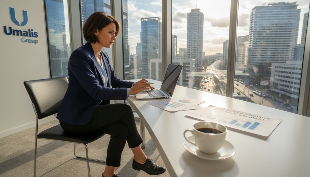 A professional engineer seated at a sleek, modern desk, analyzing data on a laptop, with documents spread out to highlight the flexibility and security of portage salarial. She is dressed in smart business attire, exuding confidence and focus. In the foreground, a cup of coffee adds a personal touch. In the middle ground, a large window reveals a bustling cityscape, symbolizing opportunities and growth. Soft, natural light streams in, casting gentle shadows that create a warm atmosphere. In the background, a subtle logo of "Umalis Group" can be seen on a wall, reinforcing the theme of professionalism and support. The overall mood is optimistic and empowering, reflecting the benefits of portage salarial for engineers.