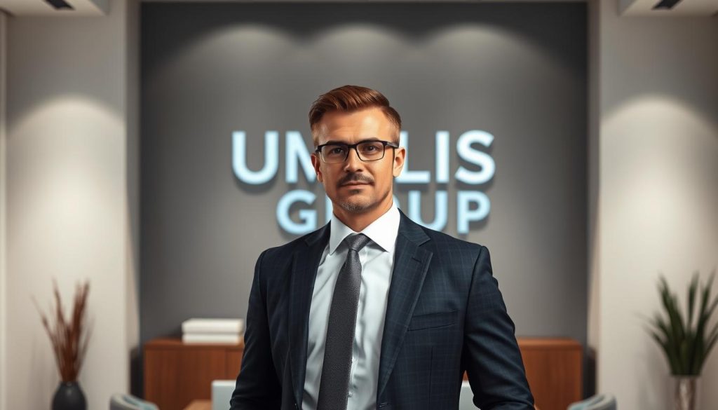 A professional entrepreneur standing confidently in a sleek, modern office setting, dressed in a sharp suit and tie. The UMALIS GROUP logo is prominently displayed on the wall behind them, conveying a sense of authority and expertise. Soft, directional lighting from the side accentuates the entrepreneur's determined expression, creating a sense of gravitas and professionalism. The background features minimalist decor and clean lines, placing the focus squarely on the subject and their association with the UMALIS GROUP brand. An air of protection and security surrounds the entrepreneur, reflecting the benefits of the "portage salarial" system.