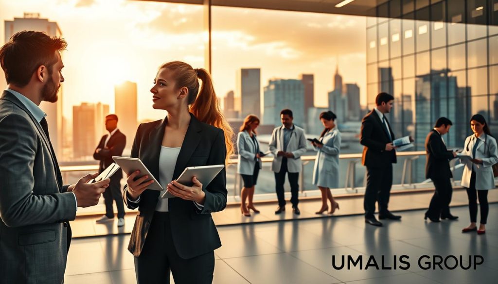 A professional environment depicting diverse individuals engaged in various skilled sectors, showcasing opportunities in portage salarial. In the foreground, two business professionals, one male and one female, are engaged in discussion, wearing smart business attire and holding digital tablets. In the middle ground, a diverse group of professionals is represented in various workplaces, including tech, healthcare, and education, illustrating collaboration and innovation. The background features a modern city skyline with glass office buildings during late afternoon, casting warm, golden light that creates an optimistic atmosphere. The image reflects professionalism and growth, enhancing the theme of secured opportunities in portage salarial. Include a subtle logo for "UMALIS GROUP" in the bottom corner.