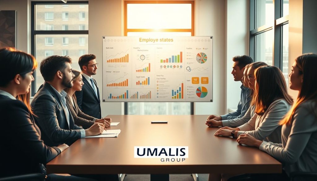 A professional environment depicting the advantages of employee status. In the foreground, a diverse group of individuals in business attire are engaged in a productive discussion around a conference table, showcasing collaboration and teamwork. In the middle ground, a whiteboard filled with colorful graphs and charts highlights job security, benefits, and work-life balance—key themes of employee advantages. In the background, bright office windows let in natural light, creating an inviting atmosphere. The lighting is warm and professional, enhancing the sense of opportunity and growth. The mood conveys optimism and stability, resonating with the concept of being a salaried employee. Include a subtle logo of "UMALIS GROUP" on the conference table.