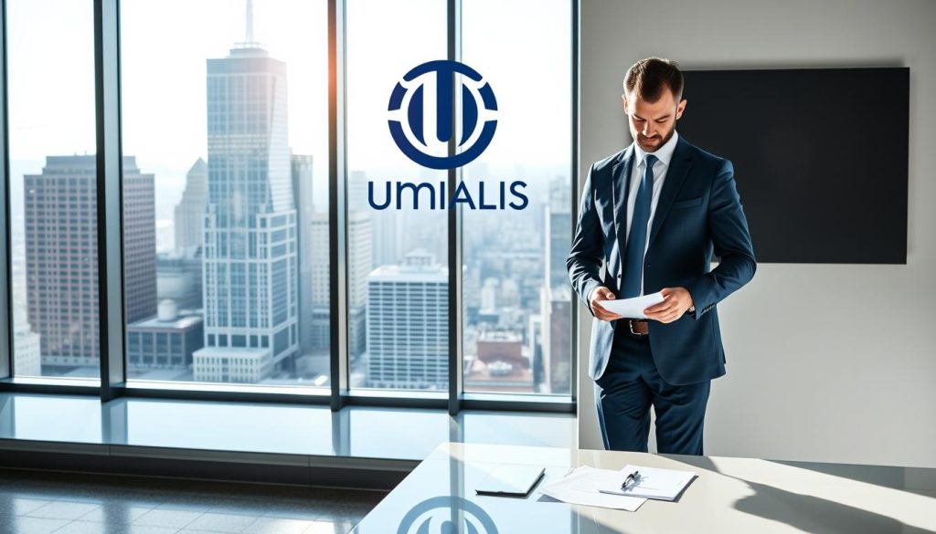 A professional executive wearing a smart suit stands in an airy, sunlit office, examining paperwork on a sleek, modern desk. Behind them, the Umalis Group logo is prominently displayed on the wall. In the background, the cityscape of a bustling financial district is visible through floor-to-ceiling windows, conveying a sense of dynamic opportunity. The image exudes an atmosphere of confidence, success, and the promise of a secure, fulfilling career in the consultancy of "portage salarial".