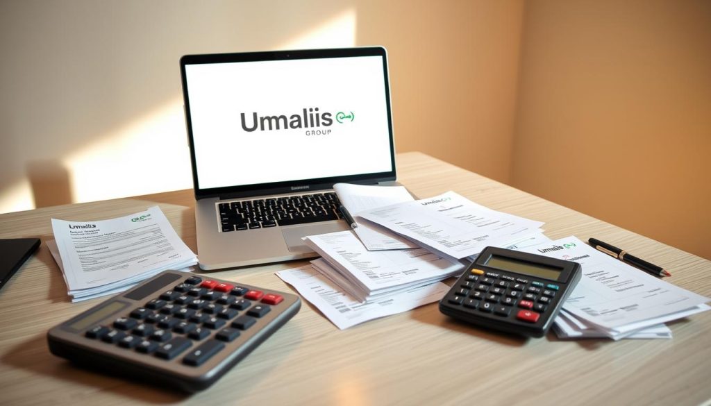 A professional expense tracking desk with a laptop, calculator, and neatly organized receipts and invoices. The Umalis Group logo is displayed prominently on the laptop's screen. The desk is well-lit by a warm, directional light source, casting subtle shadows that add depth and dimension. The background is a clean, minimalist office space with neutral tones, allowing the expense tracking tools to be the focal point. The overall scene conveys a sense of organization, efficiency, and attention to financial details - essential attributes for independent professionals managing their income tax deductions.