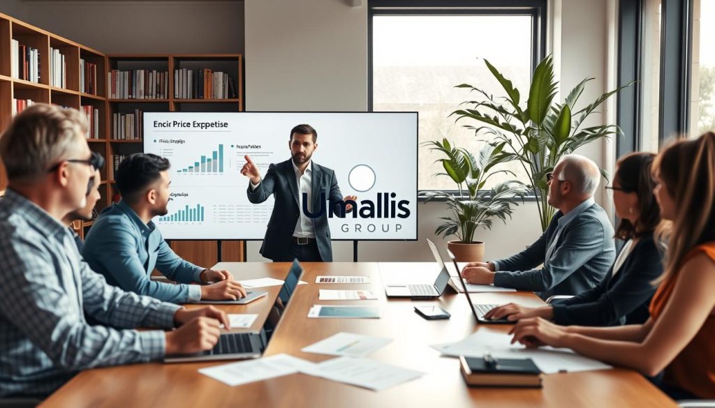 A professional expertise consultant in a modern office setting, wearing a tailored business suit, is engaged in conversation with a diverse group of clients. They are seated around a large conference table, with laptops open and paperwork scattered, conveying a collaborative atmosphere. The consultant is confidently pointing to a digital display showcasing infographics about pricing strategies. Soft, natural lighting enters through large windows, highlighting the professionalism of the environment. In the background, there are bookshelves filled with industry literature, and a large plant adds a touch of warmth. The overall mood is focused and optimistic, emphasizing growth and the value of expertise. Brand logo "Umalis Group" is subtly integrated into the digital display. A professional expertise consultant in a modern office setting, wearing a tailored business suit, is engaged in conversation with a diverse group of clients. They are seated around a large conference table, with laptops open and paperwork scattered, conveying a collaborative atmosphere. The consultant is confidently pointing to a digital display showcasing infographics about pricing strategies. Soft, natural lighting enters through large windows, highlighting the professionalism of the environment. In the background, there are bookshelves filled with industry literature, and a large plant adds a touch of warmth. The overall mood is focused and optimistic, emphasizing growth and the value of expertise. Brand logo "Umalis Group" is subtly integrated into the digital display.
