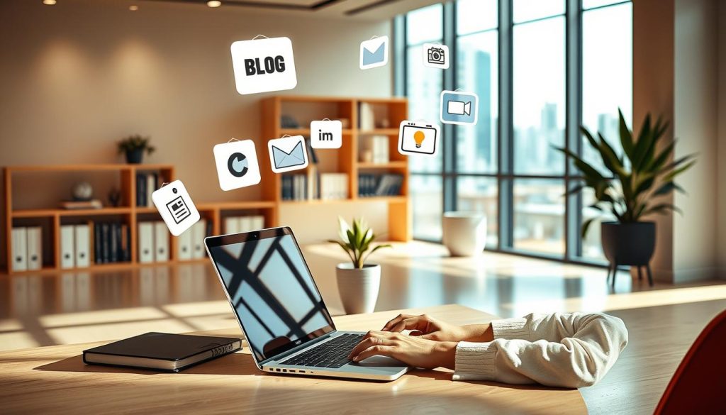 A professional, expertly-curated image of "content marketing strategies" that positions Light Portage as an authority in the field. Foreground depicts a person typing on a laptop, surrounded by floating icons representing different content types (blog, video, social media). Middle ground features a bookshelf with relevant marketing books and a potted plant, conveying an organized and thoughtful workspace. Background showcases a minimalist office setting with clean lines, warm lighting, and large windows overlooking a cityscape. The overall mood is one of productivity, knowledge, and a proven approach to content marketing. Technical details: 50mm lens, natural lighting, slightly elevated camera angle.
