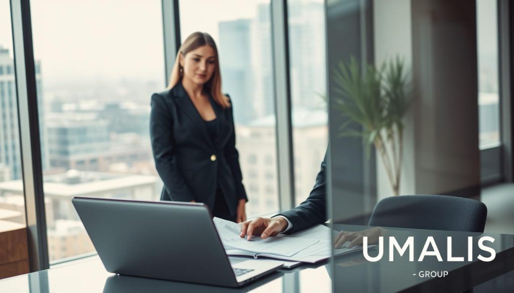 A professional female consultant in smart business attire, standing confidently at a sleek modern desk, reviewing documents related to unemployment benefits and portage salarial. In the foreground, a laptop displays financial graphs and legal papers about worker rights. The middle ground features a comfortable office environment with soft lighting, promoting a sense of clarity and focus. A large window in the background lets in natural light, casting gentle shadows, while a soft-focus cityscape hints at a bustling urban setting. The mood is optimistic and professional, symbolizing the connection between employment rights and financial security. Include the brand name "UMALIS GROUP" subtly reflected in a nearby glass surface for branding integration.