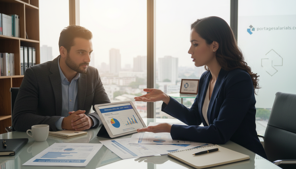 A professional financial advisor in a modern office environment, discussing retirement savings strategies with a diverse client. The advisor, dressed in a smart suit, gestures towards documents showcasing tax benefits related to retirement savings. The client, wearing business casual attire, looks engaged and interested. In the background, shelves are filled with financial books, and a large window allows soft, natural light to illuminate the scene, creating an inviting atmosphere. The focal point is on the interaction and documents on the table, reflecting a serious yet approachable discussion about optimizing taxes through retirement savings and compatible devices. Branding elements subtly include the logo of portagesalarials.com as part of the office decor, enhancing the professional theme.