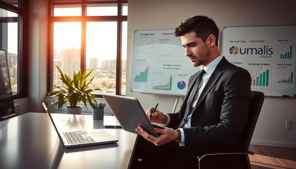 A professional financial advisor in a modern office, surrounded by charts and graphs illustrating revenue optimization and tax deductions. The advisor, dressed in smart business attire, is analyzing data on a laptop while taking notes on a notepad. In the background, large windows let in natural light, casting a warm glow across the room. A whiteboard filled with strategic financial plans and tax-saving strategies is visible. The atmosphere is focused yet optimistic, suggesting growth and success in financial planning. Include elements like a sleek desk, a potted plant for a touch of nature, and prominently display the logo of "Umalis Group" on a wall. The composition should convey a sense of professionalism and clarity in optimizing income and fiscal deductions. A professional financial advisor in a modern office, surrounded by charts and graphs illustrating revenue optimization and tax deductions. The advisor, dressed in smart business attire, is analyzing data on a laptop while taking notes on a notepad. In the background, large windows let in natural light, casting a warm glow across the room. A whiteboard filled with strategic financial plans and tax-saving strategies is visible. The atmosphere is focused yet optimistic, suggesting growth and success in financial planning. Include elements like a sleek desk, a potted plant for a touch of nature, and prominently display the logo of "Umalis Group" on a wall. The composition should convey a sense of professionalism and clarity in optimizing income and fiscal deductions.
