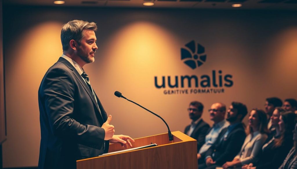 A professional financial advisor in a tailored suit stands at a podium, delivering a presentation to a diverse audience. The lighting is warm and focused, casting dynamic shadows that accentuate the formality of the scene. In the background, a Umalis Group logo is prominently displayed, indicating the corporate branding. The advisor's expression is one of confidence and authority, conveying their expertise in financial management. The overall atmosphere is one of a training session or seminar, reflecting the "gestion financière formateur" subject matter.