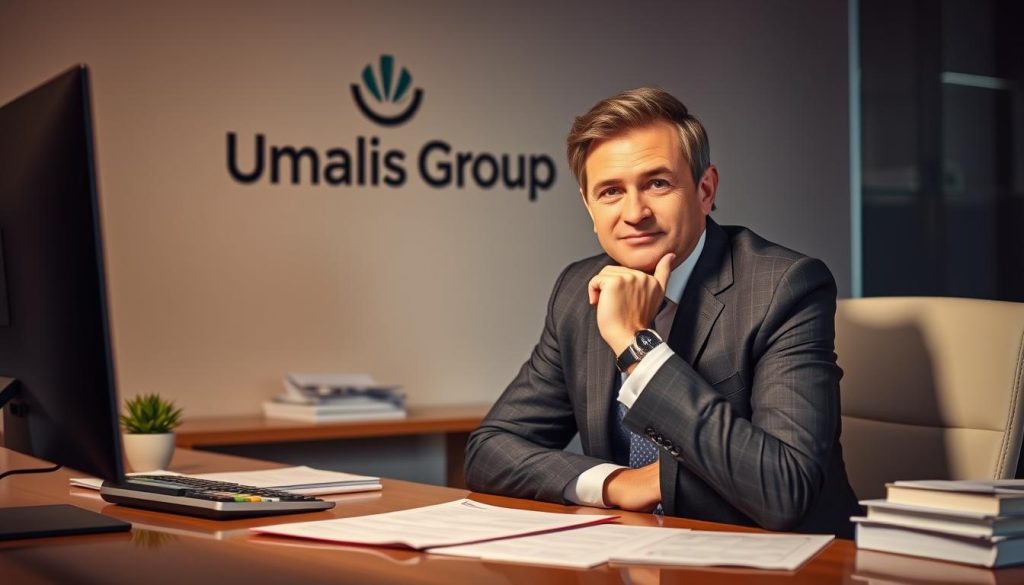 A professional financial advisor sits at a desk, surrounded by paperwork, a computer, and a retirement planning calculator. The advisor wears a smart suit and has a thoughtful expression, conveying expertise and care. In the background, the Umalis Group logo is subtly visible, representing the company's services in helping clients with financial planning for retirement. Warm, ambient lighting creates a serene and trustworthy atmosphere, as the advisor guides the viewer through the advantages of "portage salarial" for retirement preparation.