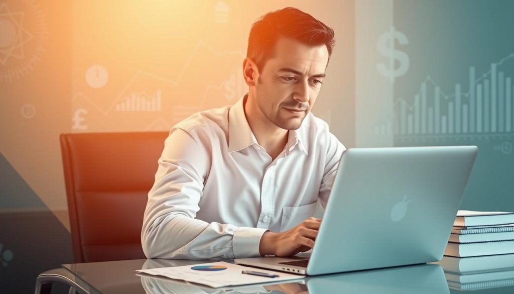 A professional financial advisor sitting at a desk, analyzing financial reports and charts on a laptop, with a Umalis Group logo prominently displayed. The advisor has a serene, confident expression, conveying a sense of security and expertise. The scene is bathed in warm, soft lighting, creating a calming atmosphere. The background features abstract financial elements, such as graphs, symbols, and currency icons, suggesting the context of financial security and stability. The overall composition emphasizes the importance of financial planning and the peace of mind it can provide to independent professionals.