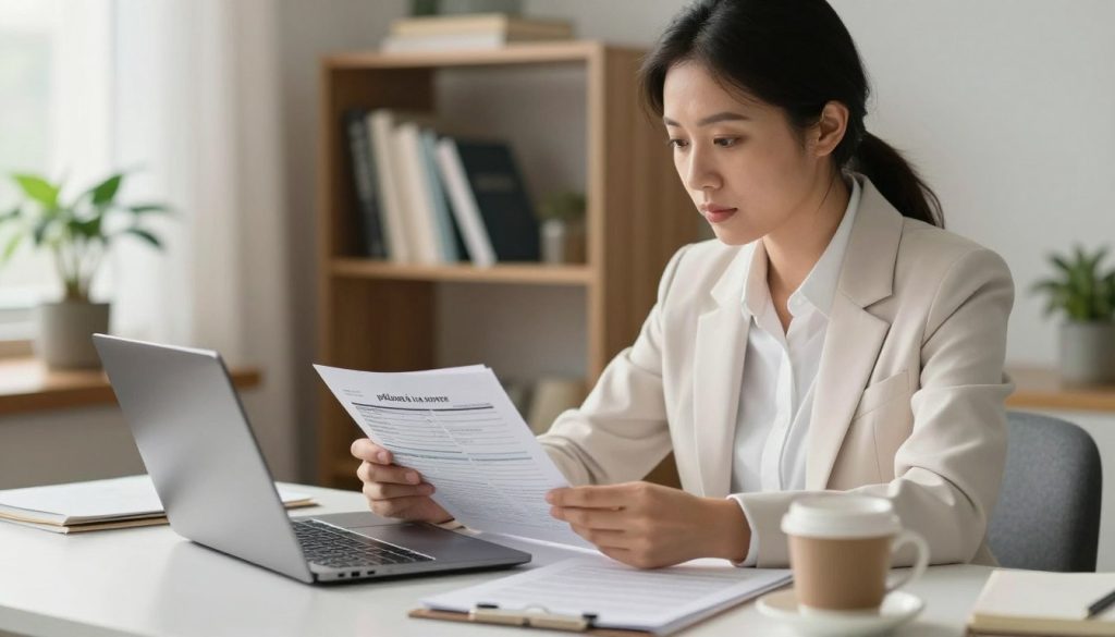 A professional financial advisor sitting at a modern desk, reviewing documents related to income tax withholding (prélèvement à la source) on a laptop. The advisor, wearing a crisp white shirt and tailored blazer, is focused and engaged, with papers spread out, and a cup of coffee nearby. In the background, a sleek bookshelf filled with financial books and a potted plant adds a touch of warmth. Soft natural light filters through a window, casting gentle shadows that create a calm atmosphere. A shallow depth of field blurs the background slightly, emphasizing the advisor's concentration on the task. The scene conveys a sense of professionalism and clarity in navigating complex financial topics.