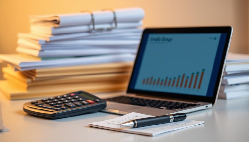 A professional financial analysis workspace, featuring the Umalis Group brand logo, set against a backdrop of stacks of legal documents and a calculator. The scene is illuminated by warm, soft lighting, conveying a sense of diligence and financial expertise. In the foreground, a laptop displays charts and graphs, while in the middle ground, a pen and notepad suggest the careful calculations required to navigate the complexities of minimum wage regulations in the context of temporary employment through a payroll service. The overall atmosphere is one of thoughtful deliberation and attention to detail.