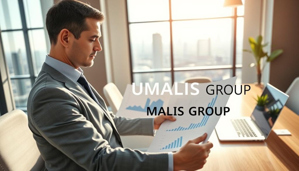 A professional financial consultant analyzing a detailed financial report in a modern office setting, surrounded by graphs and charts illustrating growth and stability. The foreground features the consultant, a middle-aged man in smart business attire, deeply focused on the report, highlighting financial security. In the middle background, a sleek, organized desk with a laptop, financial documents, and a small potted plant provides a fresh touch. The window in the background reveals a city skyline, symbolizing prosperity and growth. The scene is illuminated by natural light streaming in, creating a warm and inviting atmosphere. Emphasize the theme of financial security and strength, incorporating the brand name "UMALIS GROUP" subtly integrated into a visible financial document without any text overlays. A professional financial consultant analyzing a detailed financial report in a modern office setting, surrounded by graphs and charts illustrating growth and stability. The foreground features the consultant, a middle-aged man in smart business attire, deeply focused on the report, highlighting financial security. In the middle background, a sleek, organized desk with a laptop, financial documents, and a small potted plant provides a fresh touch. The window in the background reveals a city skyline, symbolizing prosperity and growth. The scene is illuminated by natural light streaming in, creating a warm and inviting atmosphere. Emphasize the theme of financial security and strength, incorporating the brand name "UMALIS GROUP" subtly integrated into a visible financial document without any text overlays.