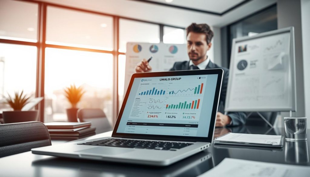 A professional financial consultant in a sleek office environment, analyzing financial data on a laptop. The foreground features a sophisticated desk with an open laptop displaying charts and graphs related to cash flow optimization in portage salarial. In the middle ground, a whiteboard with strategic financial notes and diagrams, emphasizing efficiency and optimization. The background shows a modern office view, with large windows letting in natural light, casting a warm glow across the space. The mood is focused and collaborative, highlighting the importance of strategic financial management. Include elements like a calendar and financial reports to reinforce the theme. The branding "UMALIS GROUP" is subtly integrated into the scene on the laptop screen.