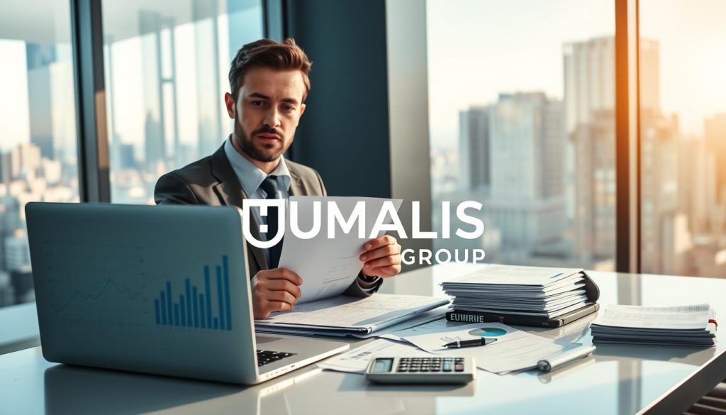 A professional financial consultant in business attire, seated at a modern desk, analyzing various financial documents and reports, depicting aspects of contractor salary portage. In the foreground, display a laptop with graphs and income projections on the screen. The middle ground shows stacks of paperwork, invoices, and a calculator, symbolizing meticulous financial management. In the background, create a sleek office environment with a large window revealing a city skyline, illuminated by bright, natural daylight that enhances the productive atmosphere. Soft shadows and highlights emphasize the consultant's focused expression. Incorporate the brand logo "UMALIS GROUP" prominently on the desk. The overall mood should convey professionalism, clarity, and financial empowerment.