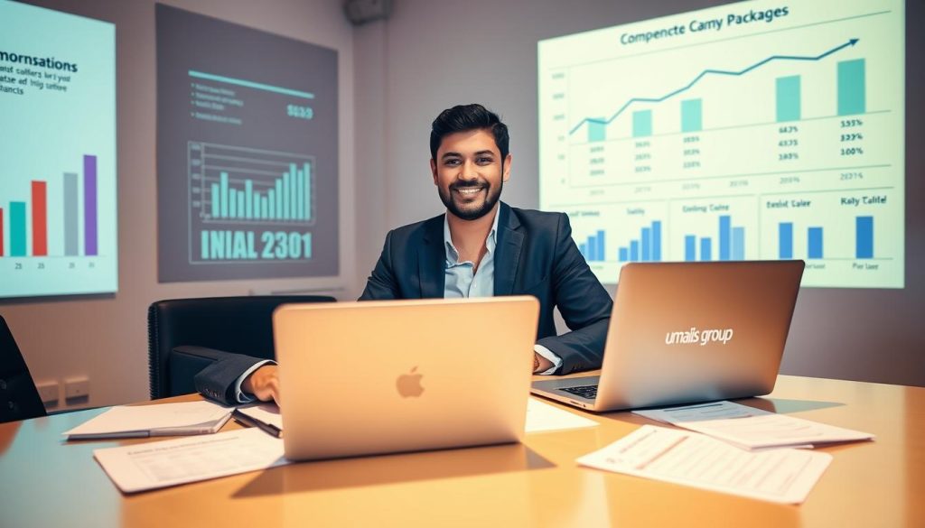 A professional financial consultant sits at a desk, surrounded by financial documents and a laptop displaying the Umalis Group logo. The lighting is warm and focused, creating a sense of expertise and diligence. In the background, graphs and charts depicting salary trends and compensation packages are projected on the wall, providing a visual representation of the remuneration and financial aspects of the gig economy and the portage salarial services offered by Umalis Group.