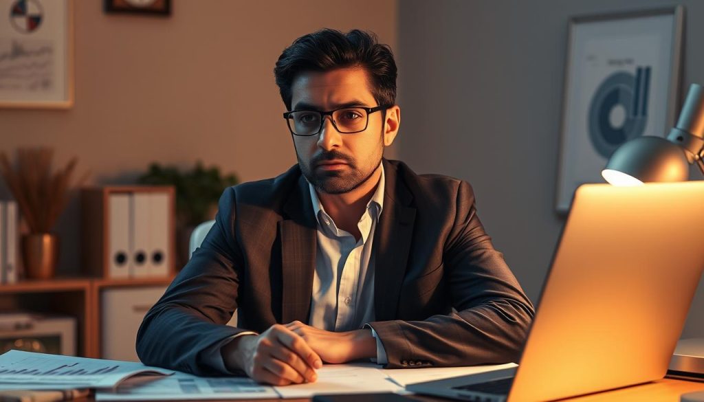 A professional financial consultant sitting at a desk, surrounded by documents and financial charts, contemplating the financial limitations of the Umalis Group's salarial portage model. Soft, warm lighting illuminates the scene, creating a pensive atmosphere. The consultant's expression conveys a sense of concern, as they carefully analyze the challenges and constraints of this employment arrangement. The background features subtle hints of the article's subject, hinting at the complexities and nuances of the salarial portage system.