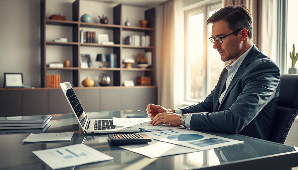 A professional financial consultant sitting at a sleek, modern desk, reviewing documents and charts related to "garantie financière portage salarial". The foreground features well-organized papers, a laptop displaying graphs, and a calculator. In the middle ground, a large window lets in soft, natural sunlight, illuminating the space and creating a welcoming atmosphere. In the background, shelves filled with business books and decorative items, symbolizing professionalism and expertise. The lighting is bright but warm, casting gentle shadows. The consultant is dressed in formal business attire, exuding confidence and authority, with a focused expression as they analyze the financial guarantees. The overall mood is one of diligence, clarity, and professionalism in financial management.