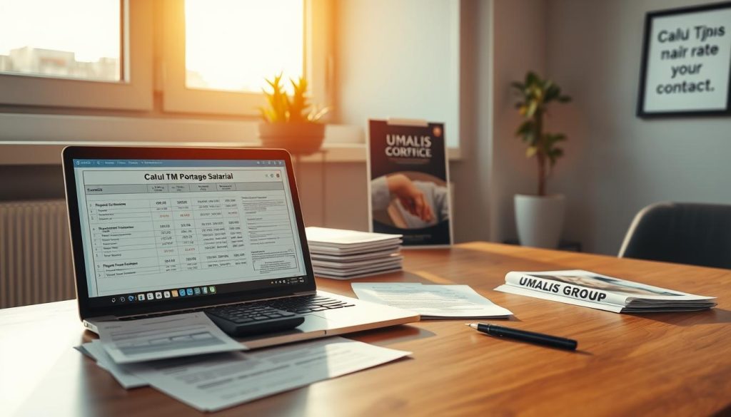 A professional financial consultant's desk, bathed in warm, natural light from a large window. In the foreground, a laptop displays spreadsheets and documents related to "Calcul TJM Portage Salarial" - the average daily rate for a freelance or contract position. Surrounding the laptop are neatly organized papers, a calculator, and a pen. In the middle ground, a stack of relevant business documents and a Umalis Group corporate brochure provide context. The background features a minimalist, tasteful office decor, with a plant and a framed motivational artwork on the wall, conveying a sense of productivity and professionalism. A professional financial consultant's desk, bathed in warm, natural light from a large window. In the foreground, a laptop displays spreadsheets and documents related to "Calcul TJM Portage Salarial" - the average daily rate for a freelance or contract position. Surrounding the laptop are neatly organized papers, a calculator, and a pen. In the middle ground, a stack of relevant business documents and a Umalis Group corporate brochure provide context. The background features a minimalist, tasteful office decor, with a plant and a framed motivational artwork on the wall, conveying a sense of productivity and professionalism.