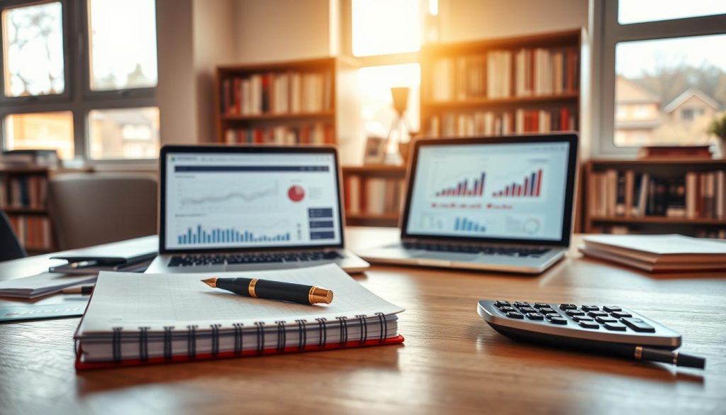 A professional financial planner's desk, bathed in warm, natural light filtering through large windows. The foreground features a LIGHT PORTAGE notebook, a fountain pen, and a calculator, symbolizing the meticulous planning and attention to detail required for financial management. In the middle ground, a laptop displays projected cash flow analysis and investment portfolio visualizations. The background showcases a bookshelf filled with finance and investment references, conveying the depth of knowledge needed to craft a comprehensive financial strategy. The overall mood is one of thoughtful contemplation, with a focus on achieving long-term financial goals and independence.