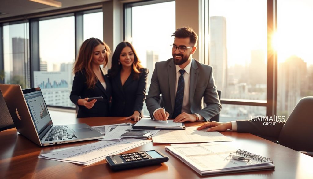 A professional financial planning scene highlighting the role of an independent consultant, set in a modern office environment. In the foreground, a diverse group of two professionals, a woman and a man in business attire, are discussing financial charts and graphs displayed on a laptop. The middle ground features a sleek desk cluttered with financial documents, a calculator, and a notepad filled with notes. In the background, large windows reveal a bright, bustling cityscape, symbolizing opportunity and growth. The lighting is warm and inviting, creating a focused yet optimistic atmosphere. The Umalis Group logo is subtly visible on one of the documents. The image should convey professionalism, collaboration, and clarity in financial management.