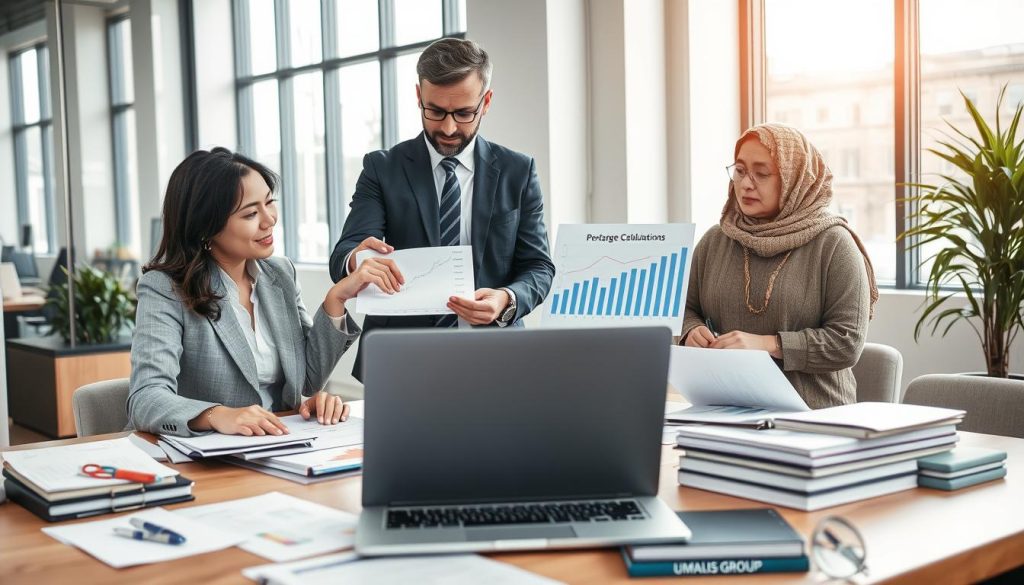 A professional financial setting showing a diverse group of three people engaged in a discussion about salary calculations in the context of portage salarial. In the foreground, a neatly organized desk is covered with documents, charts, and a laptop displaying visuals of remuneration calculations. In the middle, a woman in a smart suit points at a financial graph, while a man in business attire takes notes, and a woman in modest casual clothing observes intently. The background features a modern office environment with large windows allowing natural light to flood the scene, creating a bright and inviting atmosphere. The mood is collaborative and insightful, reflecting a productive meeting. Include elements related to UMALIS GROUP subtly in the office decor, like a logo on a notebook.