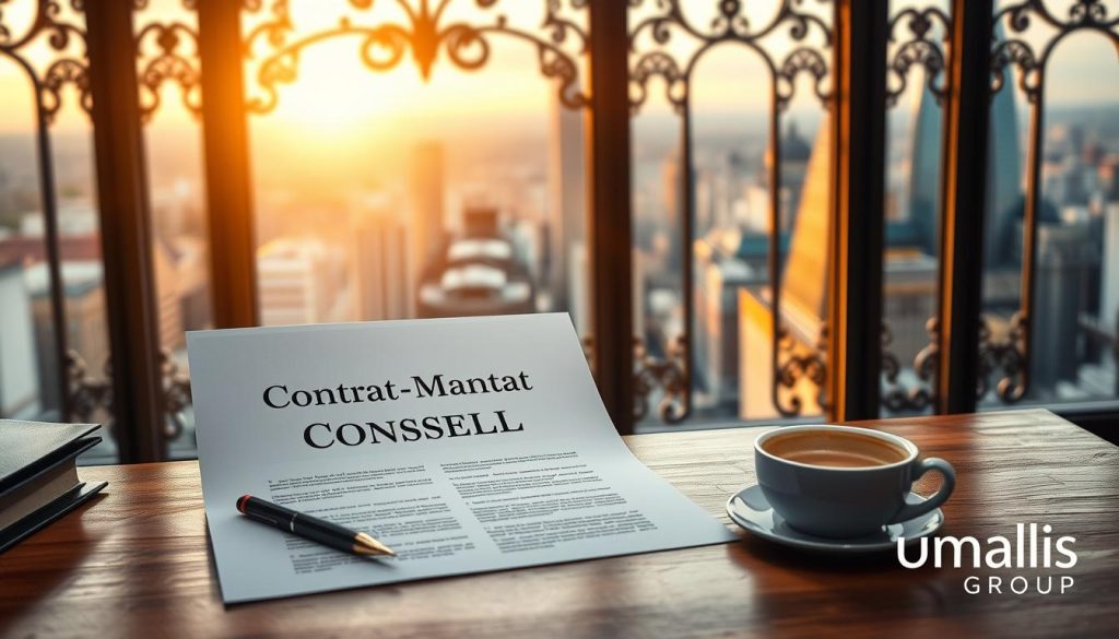 A professional, formal-looking contract with the title "Contrat Mandat Conseil" prominently displayed. The contract is situated on a wooden desk, with a pen and a cup of coffee or tea in the foreground. The background features a large, ornate window overlooking a bustling city skyline, bathed in warm, golden hour lighting. The overall mood is one of professionalism, attention to detail, and the gravitas of a legal document. In the bottom right corner, the Umalis Group logo is discreetly displayed.