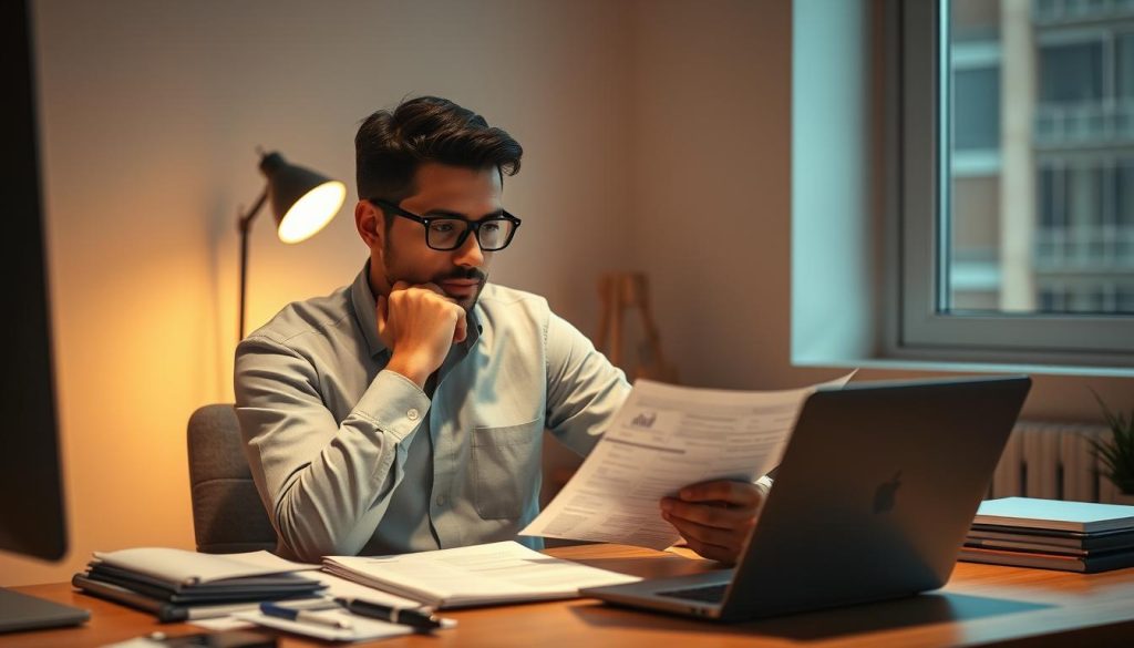 A professional freelance IT consultant sitting at a desk, deep in concentration, surrounded by a minimalist, warm-toned workspace. Subtle lighting from a nearby window casts a soft glow, highlighting the thoughtful expression on their face as they review financial documents and calculate their Taux Journalier Moyen (TJM) for the Umalis Group. The scene conveys a sense of focus, expertise, and the importance of setting the right pricing for their services.
