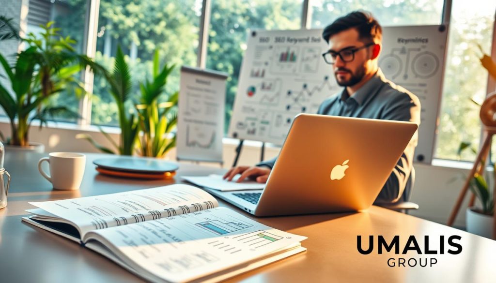 A professional freelance SEO consultant is working at a modern desk, analyzing keywords on a laptop. The foreground features a sleek notebook filled with notes and diagrams, reflecting a methodical approach to search engine optimization. In the middle ground, a large whiteboard displays strategies, charts, and flowcharts, showcasing expertise in digital marketing. The background includes a vibrant office environment with greenery, sunlight streaming through large windows, creating an inviting atmosphere. The consultant, dressed in business casual attire, appears focused and motivated. The lighting is warm and bright, emphasizing a productive ambiance. Incorporate subtle branding elements of "UMALIS GROUP" within the workspace.