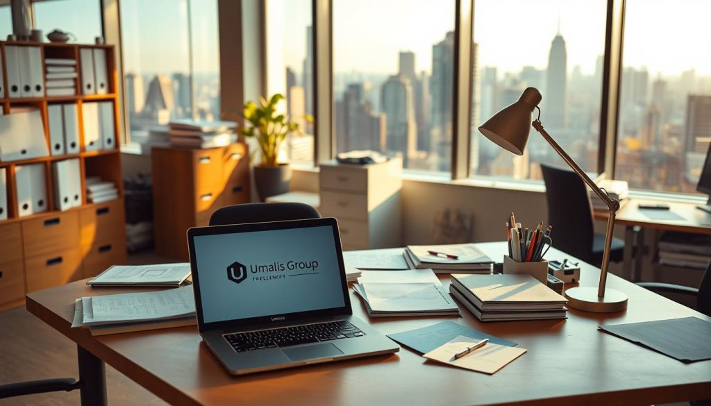 A professional freelance administrative office, filled with organized workspaces and efficient workflows. In the foreground, a Umalis Group branded desk setup with a sleek laptop, papers, and a stylish desk lamp. The middle ground features a filing cabinet and office supplies, while the background showcases a large window overlooking a bustling city skyline, bathed in warm, natural lighting. The overall atmosphere conveys a sense of productivity, attention to detail, and a well-managed freelance operation.