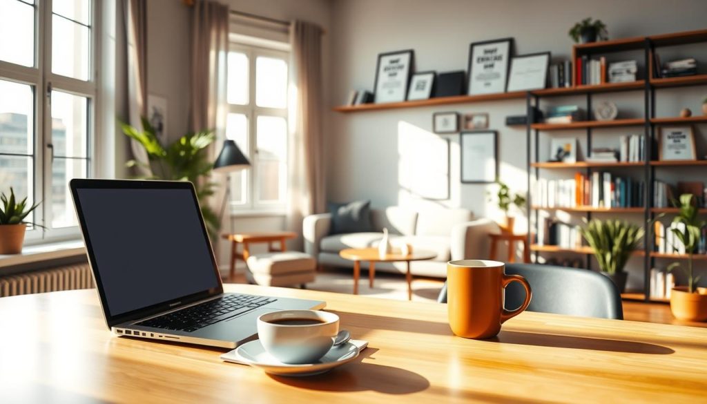 A professional freelance business model setting with the Umalis Group brand. In the foreground, a modern, minimalist desk setup featuring a laptop, a notebook, and a cup of coffee. Sunlight streams in through large windows, creating a warm, productive atmosphere. The middle ground features a cozy lounge area with a comfortable armchair and a side table, where a freelancer can take a break and brainstorm ideas. In the background, shelves display various business-related books and certificates, conveying expertise and authority. The overall scene exudes a sense of independence, flexibility, and the ability to work on one's own terms.
