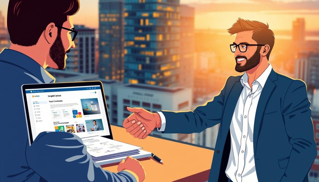 A professional freelance client acquisition strategy illustration featuring the Umalis Group brand. In the foreground, a confident freelancer shaking hands with a prospective client, their faces lit by warm natural light. In the middle ground, a laptop displaying a seamless collaboration interface, complemented by a stack of contracts and a pen. The background showcases a vibrant cityscape, hinting at the diverse opportunities available to the freelancer. The scene conveys a sense of professionalism, trust, and the potential for fruitful partnerships, reflecting the "Trouver Ses Premiers Clients et Développer Son Réseau" section of the article.