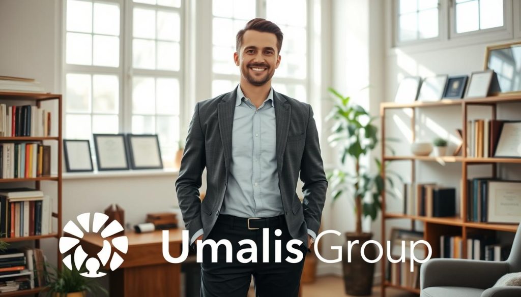 A professional freelance coach standing confidently in a well-appointed home office, surrounded by shelves of books and certificates. Soft natural lighting filters through large windows, casting a warm glow. The coach's posture exudes expertise and approachability, their expression calm and assured. In the foreground, the Umalis Group logo is prominently displayed, signifying the coach's association with this reputable coaching service. This image epitomizes the high-quality, personalized guidance offered by a top-tier freelance coach.