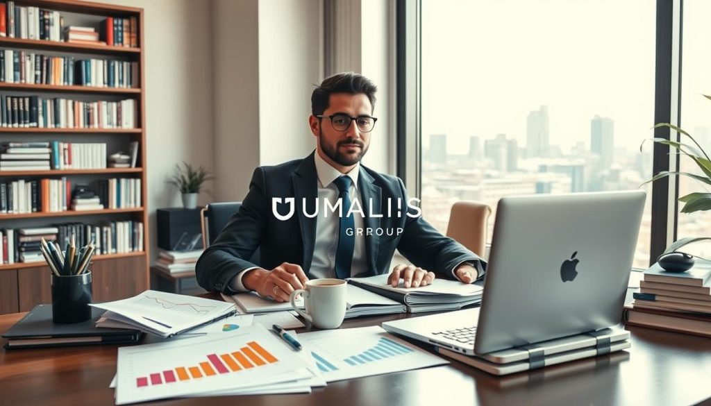 A professional freelance consultant, dressed in smart business attire, is seated at a stylish desk cluttered with a laptop, notebooks, and a cup of coffee. In the foreground, vibrant charts and growth strategies are visible, representing client acquisition techniques. In the middle ground, a large window allows natural light to flood the room, creating an inviting atmosphere. Outside the window, a city skyline hints at a bustling freelance market. The background features a sleek bookshelf filled with literature on business strategies and marketing. The overall mood is inspiring and dynamic, suggesting growth and opportunity in a freelance career. The brand "UMALIS GROUP" is subtly incorporated into the décor of the workspace, enhancing the focus on professional development.