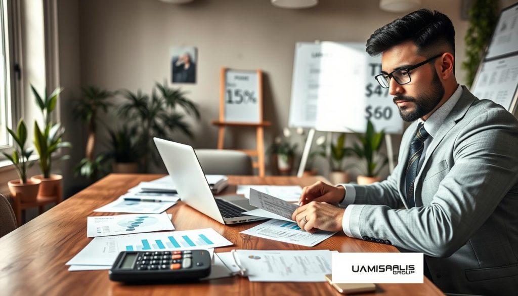 A professional freelance consultant in an office setting, focusing on optimizing their rates. The foreground shows a confident individual in smart business attire, taking notes on a laptop, with focused expression. In the middle, a wooden desk littered with financial documents, charts, and a calculator, emphasizing the calculation of TJM (Taux Journalier Moyen). In the background, a cozy office space with light streaming in through a large window, plants for added warmth, and a whiteboard featuring pricing strategies. The overall mood is one of determination and professionalism, lit with soft, natural light to create an inviting atmosphere. Include the brand name "UMALIS GROUP" subtly integrated into a document on the desk.