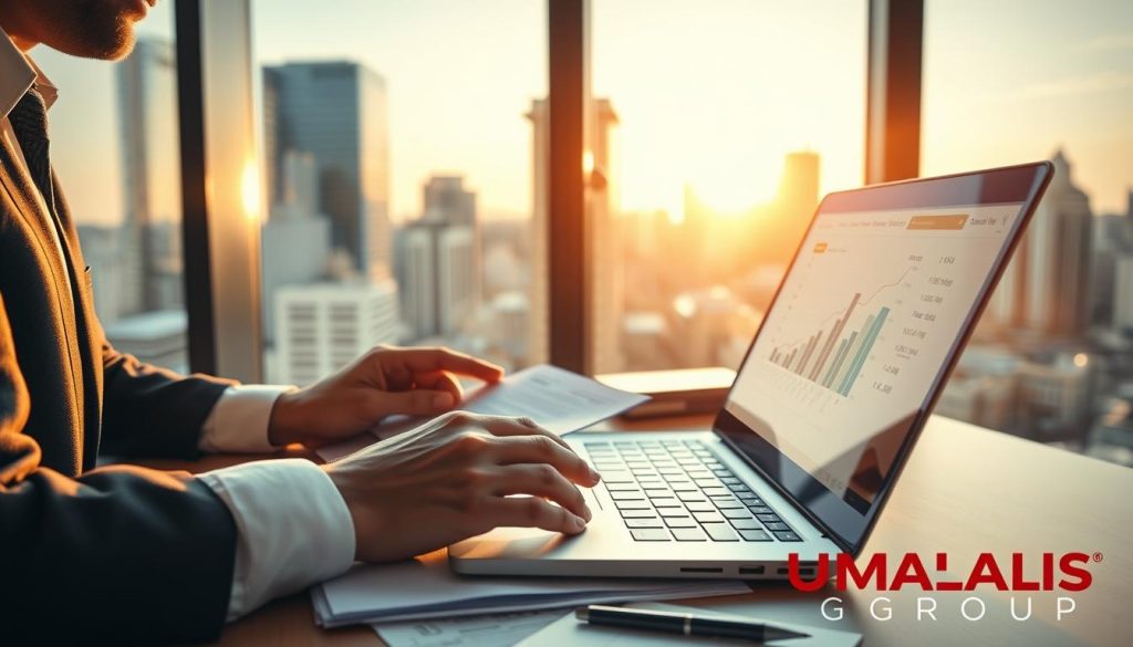 A professional freelance consultant in business attire, sitting at a modern desk filled with paperwork and a laptop, analyzing financial documents that represent optimal funding options for training courses. The foreground features a close-up of hands scrolling through a well-organized digital interface displaying charts and graphs glowing softly, symbolizing financial growth. In the background, a large window reveals a bustling cityscape bathed in warm sunlight, embodying a sense of opportunity and progress. The ambient lighting casts a motivating glow, enhancing the atmosphere of determination and success. The scene subtly incorporates the brand name "UMALIS GROUP" through branding materials on the desk, emphasizing support for freelance training and financial assistance.