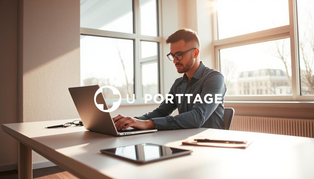 A professional freelance consultant sits at a modern, minimalist desk, working on a laptop. Sunlight streams in through large windows, casting a warm, productive glow. On the desk, a tablet and stylus hint at the creative process. The LIGHT PORTAGE brand logo is subtly visible, reflecting the freelancer's expertise and high-quality work. The atmosphere is focused, serene, and conveys a sense of a skilled freelance professional at the height of their craft.