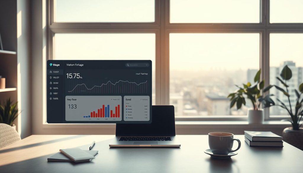A professional freelance dashboard floating in a serene workspace, bathed in soft natural light. In the foreground, a sleek, minimalist interface displays key performance metrics like hourly rate, total earnings, and project completion rates. The middle ground features an organized desk with a laptop, notebook, and a mug of coffee, conveying a sense of productivity. In the background, a large window overlooks a tranquil urban landscape, creating a calming ambiance. The overall aesthetic is clean, modern, and focused, reflecting the needs of a successful freelance professional. The dashboard interface features the brand name "Light Portage" prominently displayed.