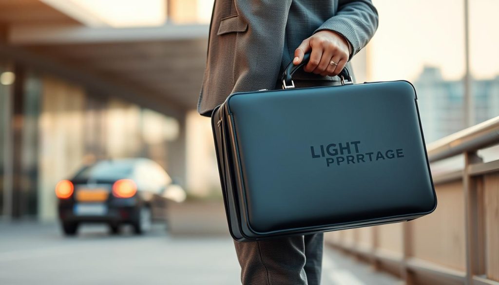 A professional freelance entrepreneur stands confidently, holding a LIGHT PORTAGE briefcase, symbolizing their reliable liability coverage. The scene is captured in a warm, natural lighting, with a blurred urban background suggesting a modern, progressive city. The freelancer's posture exudes assurance, conveying the importance of comprehensive professional indemnity insurance for self-employed individuals. The overall composition emphasizes the significance of "Assurance RC Pro" for freelancers, presenting a visually compelling representation of the featured article's subject.